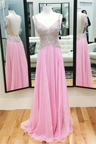 A-line Spaghetti Straps Sleeveless Floor-length 100D Chiffon Formal Dress With Crystal