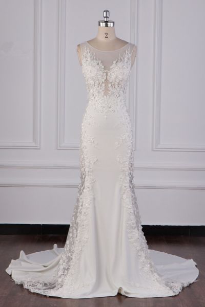 A-line Spaghetti Straps V-neck Sleeveless Floor-length Satin Wedding Gown With Lace
