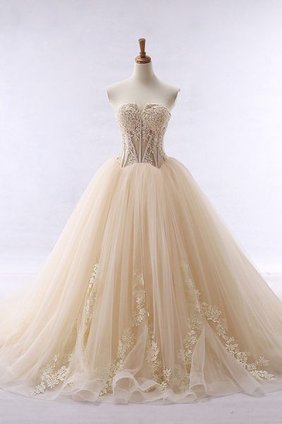 A-line Strapless Sweetheart Neck Floor-length Tulle Bridal Dress With Appliques