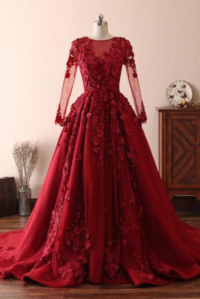 A-line Jewel Neck Long Sleeves Floor-length Tulle Formal Dress With Lace