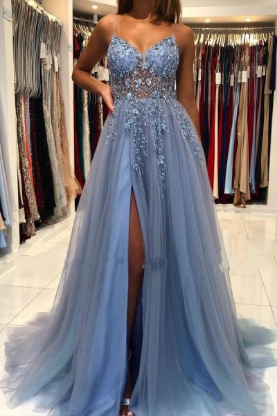 A-line Spaghetti Straps Sleeveless Floor-length Tulle Evening Dress With Ruffles