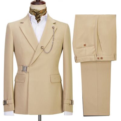 Gold Brown Notched Lapel Two Pieces Slim Fit Business Suit with  Design
