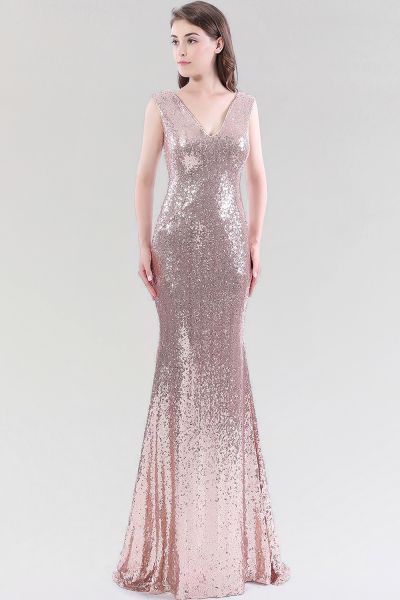 Mermaid V-neck Sleeveless Floor-length Bridesmaid Dress With Sequins