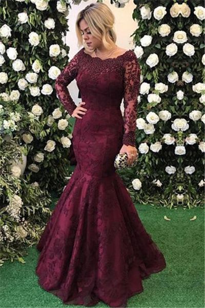 Burgundy Mermaid Evening Dress with Long Sleeves and Lace Appliques -  and
