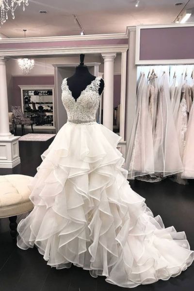 A-line V-neck Sleeveless Floor-length Tulle Bridal Attire With Lace