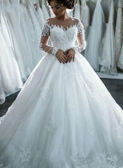 Ball Gown Jewel Neck Long Sleeves Court Train Wedding Dress With Beading