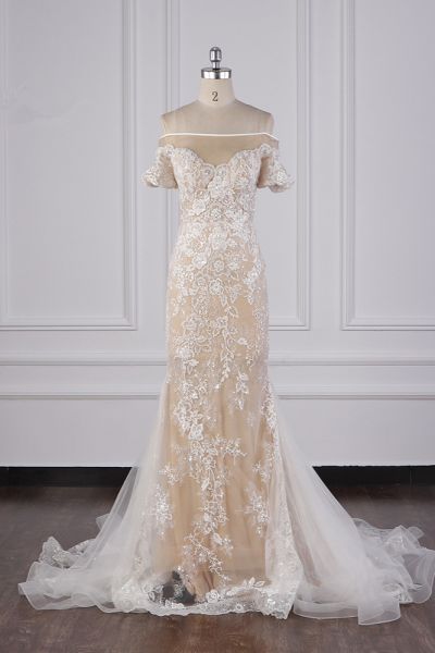 Mermaid Off-the-shoulder Short Sleeves Floor-length Tulle Wedding Dress With Appliques