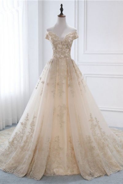 A-line Off-the-shoulder V-neck Sleeveless Floor-length Tulle Wedding Dress With Appliques