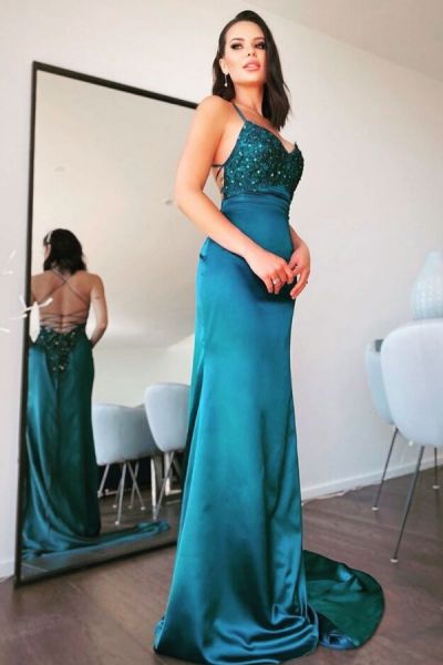 Mermaid Spaghetti Straps Sleeveless Sweep / Brush Train Stretch Satin Evening Gown With Ruffles