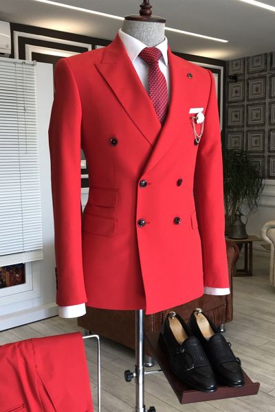 Red Double Breasted Prom Men Suit with Peaked Lapel