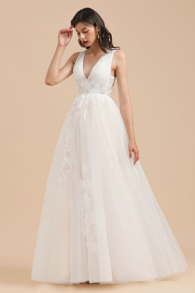A-line V-neck Sleeveless Floor-length Satin Bridal Dress With Lace