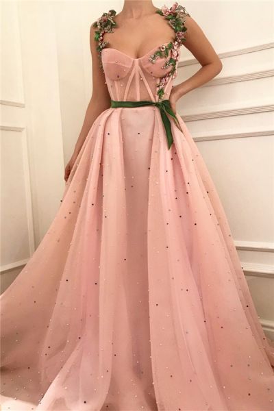 A-line Straps Sweetheart Neck Sleeveless Floor-length Tulle Cocktail Party Dress With Pearls