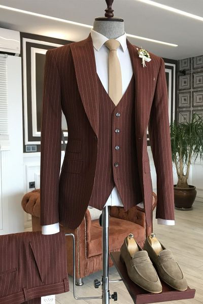Burgundy Striped Business Suit with Peaked Lapel