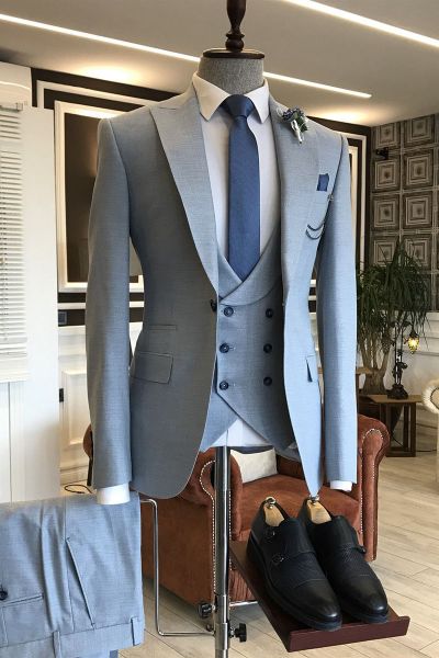 Blue Double Breasted Waistcoat Business Suit