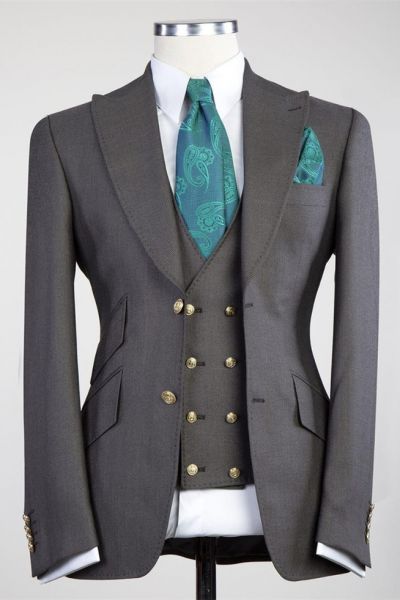Dark Gray Peaked Lapel Three Pieces Business Men Suit