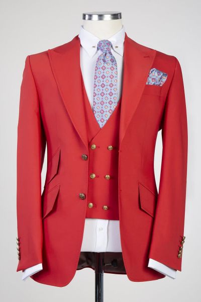Red Three Pieces  Prom Men Suit with Peaked Lapel