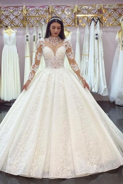 A-line Jewel Neck Long Sleeves Chapel Train Lace Bridal Dress With Lace