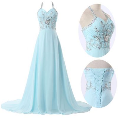 A-line Halter-neck Sleeveless Sweep / Brush Train 100D Chiffon Formal Dress With Crystal