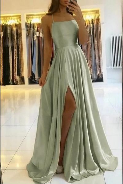 A-line Spaghetti Straps Sleeveless Floor-length Stretch Satin Evening Dress With Ruffles