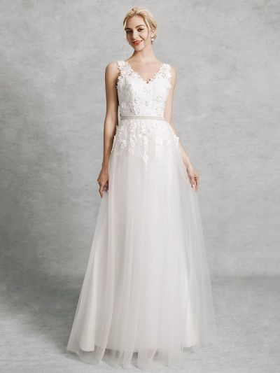 A-line Straps V-neck Court Train Lace Bridal Attire With Lace