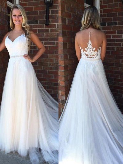 A-line Scoop Neck Sleeveless Court Train Tulle Bridal Dress With Appliques