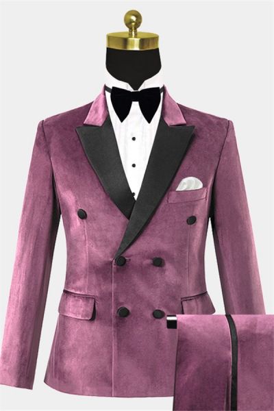 Mauve Double Breasted Velvet Prom Suit with Peak Lapel