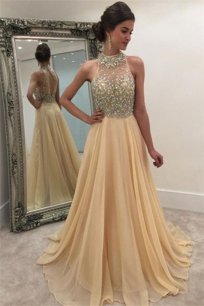 A-line Halter-neck Sleeveless Sweep / Brush Train 100D Chiffon Evening Gown With Sequins