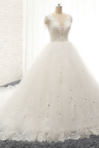 A-line Straps V-neck Sleeveless Floor-length Tulle Wedding Dress With Appliques