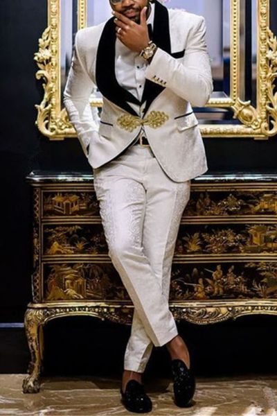White Jacquard Three Piece Wedding Suit