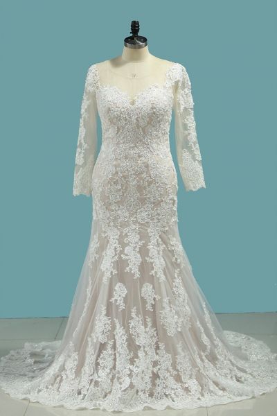 Mermaid Jewel Neck Long Sleeves Floor-length Tulle Bridal Attire With Lace