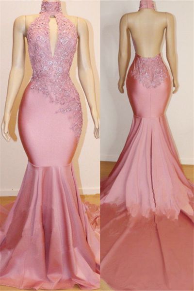 Mermaid Halter-neck Sleeveless Court Train Stretch Satin Evening Dress With Appliques