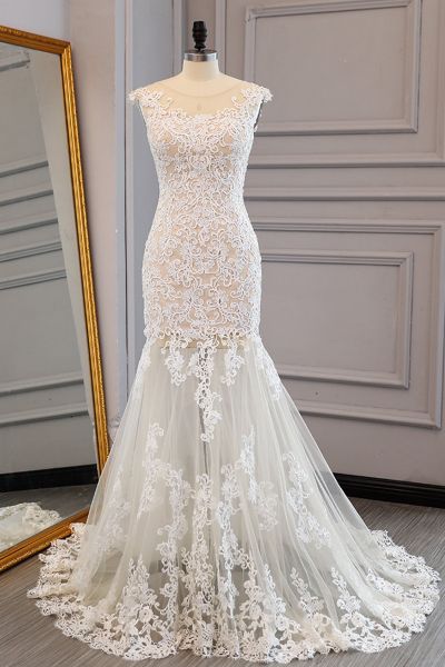 Mermaid Jewel Neck Sleeveless Floor-length Tulle Wedding Dress With Lace