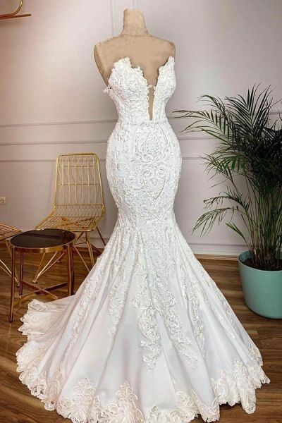 Mermaid Strapless Sweetheart Neck Sleeveless Floor-length Tulle Bridal Gown With Appliques