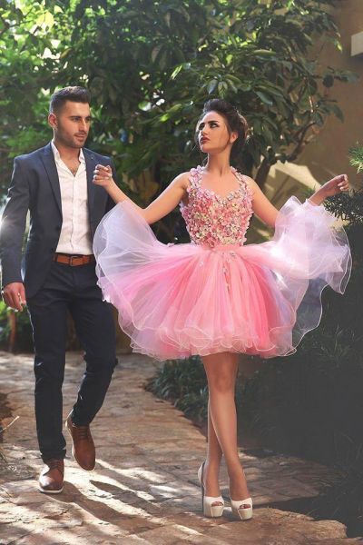 A-line Halter-neck Sleeveless Mini Homecoming Dress With Flower(s)