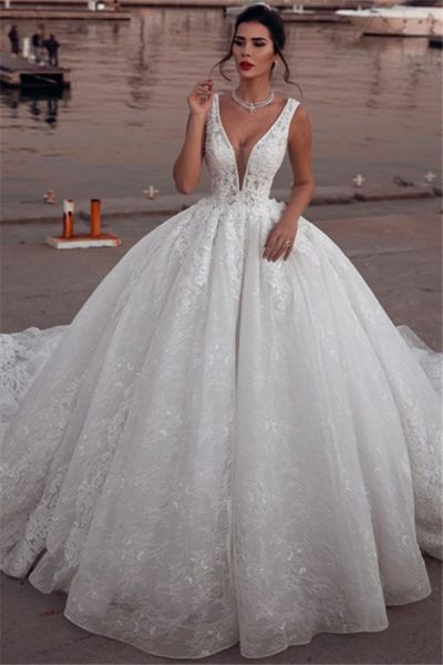 Ball Gown Plunging Neckline Sleeveless Court Train Bridal Gown With Appliques