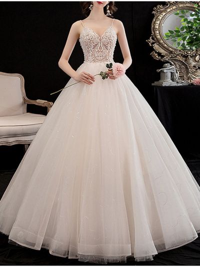 A-line Straps V-neck Floor-length Lace Bridal Attire With Lace