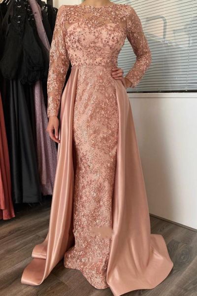 A-line Jewel Neck Long Sleeves Floor-length Stretch Satin Evening Dress With Lace
