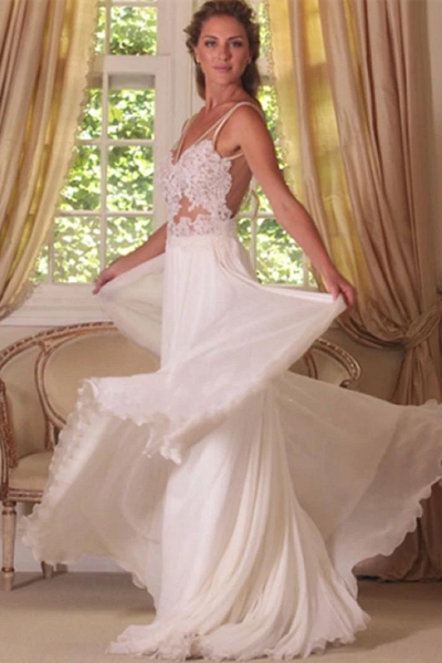 A-line V-neck Sleeveless Sweep / Brush Train 100D Chiffon Bridal Gown With Appliques