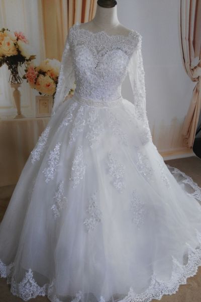 A-line Long Sleeves Floor-length Tulle Wedding Dress With Lace