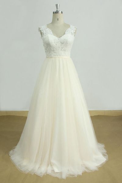 A-line V-neck Sleeveless Chapel Train Tulle Bridal Attire With Ribbons