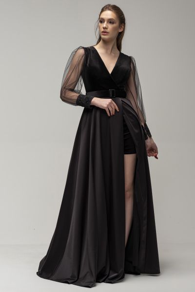 A-line V-neck Long Sleeves Floor-length Stretch Satin Evening Dress With Ribbons