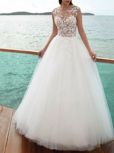 A-line Straps Sweep / Brush Train Tulle Wedding Gown With Lace