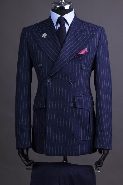 Dark Blue Striped Double Breasted Men Suit for Business with Peaked Lapel