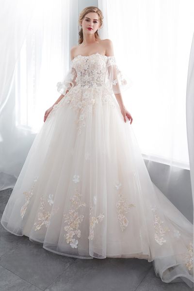 A-line Off-the-shoulder Cap Sleeves Chapel Train Tulle Bridal Attire With Appliques