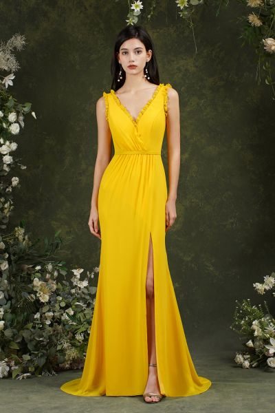 Mermaid V-neck Sleeveless Floor-length 100D Chiffon Bridesmaid Attire With Split Front