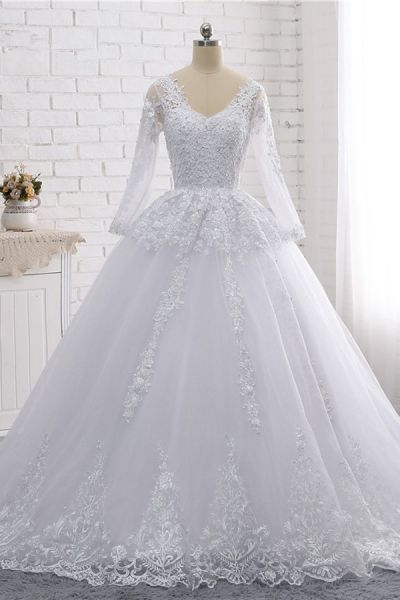 A-line V-neck Long Sleeves Floor-length Tulle Bridal Attire With Appliques