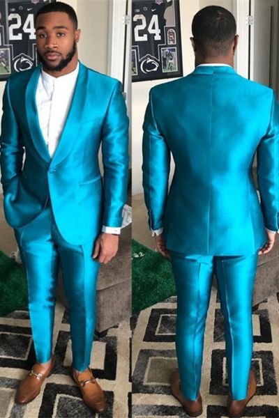 Blue Shawl Lapel Slim Fit Prom Suit