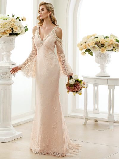 Column Long Sleeves Sweep / Brush Train Lace Bridal Gown With Lace