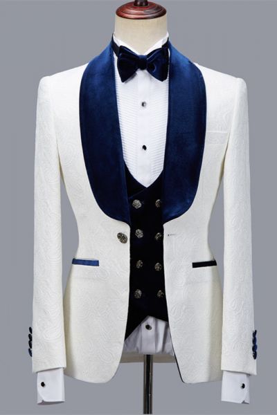 White Jacquard Shawl Lapel Men's Suit for Wedding