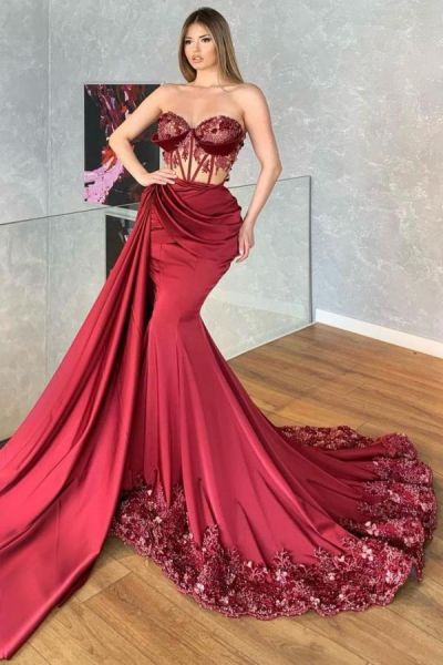 Mermaid Sweetheart Neck Sleeveless Sweep / Brush Train Stretch Satin Prom Dress With Pearls